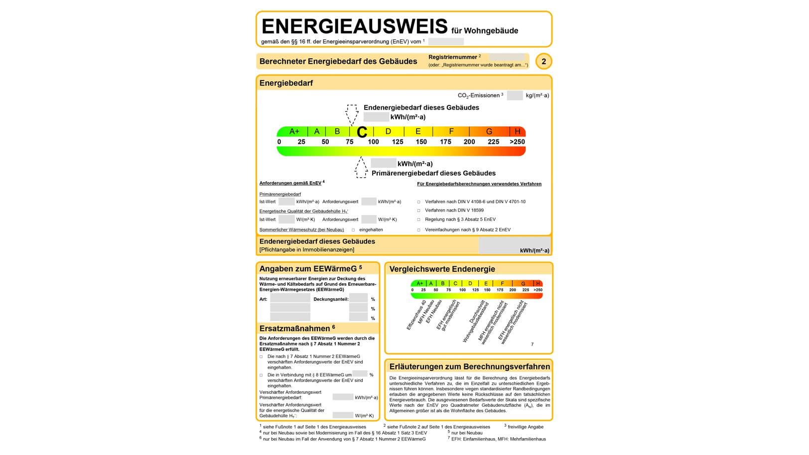 Ein Energieausweis, der neben Informationen zu einem Wohngebäude, den Energiebedarf anhand von einer A+ bis H Skala anzeigt. Dies wird durch Ampelfarben von grün bis rot visuell verdeutlicht.
