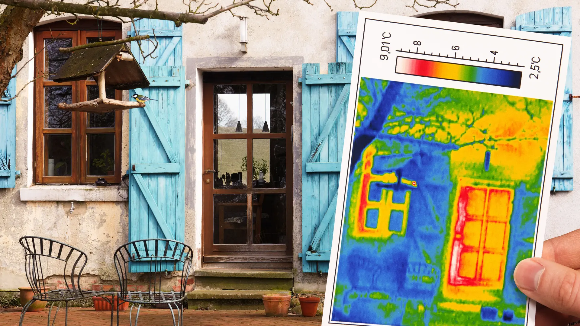 Eine Hand hält einen Ausschnitt einer Thermografie in den Vordergrund. Im Hintergrund befindet sich ein Haus mit einer Tür.